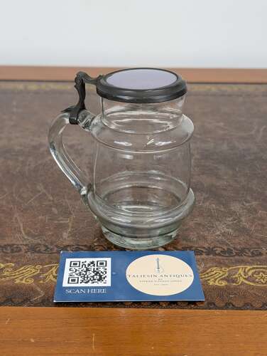 Victorian English half pint glass tankard with pewter hinged lid & snapped pontil, c. 1860