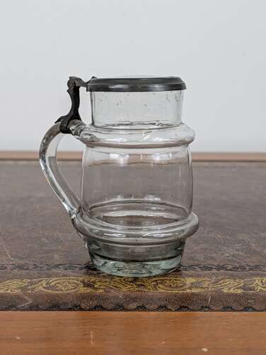 Victorian English half pint glass tankard with pewter hinged lid & snapped pontil, c. 1860