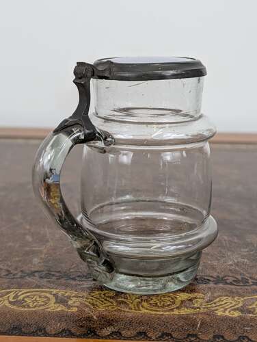 Victorian English half pint glass tankard with pewter hinged lid & snapped pontil, c. 1860