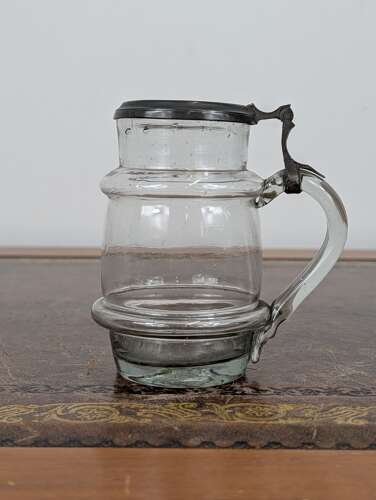 Victorian English half pint glass tankard with pewter hinged lid & snapped pontil, c. 1860