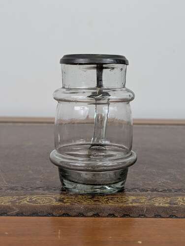 Victorian English half pint glass tankard with pewter hinged lid & snapped pontil, c. 1860