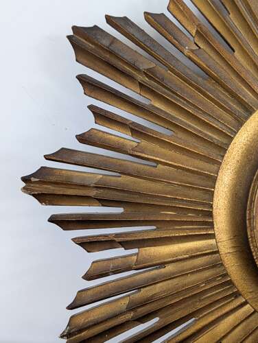 Giltwood sunburst wall clock with Swiss 8 day movement, mid 20th century