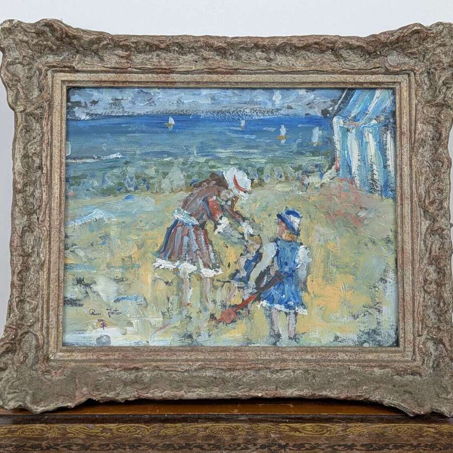 Ross Foster impressionist oil on board British seaside beach scene with children, signed