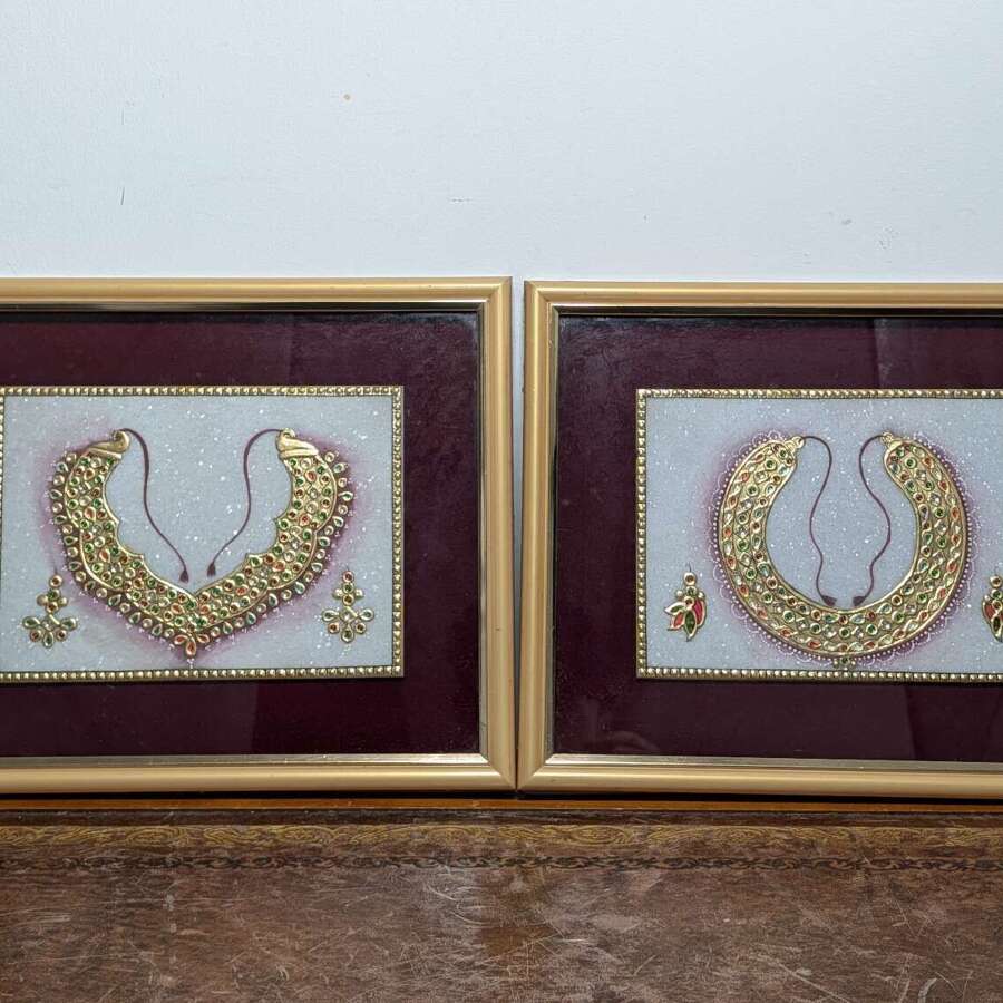 Indian framed marble jewellery paintings pair with kundan style decoration