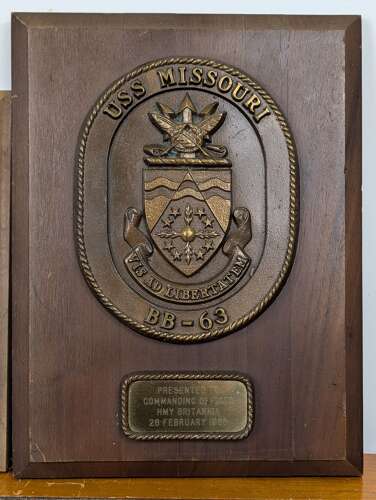USS Missouri BB-63 and Naval Station Long Beach diplomatic plaques to HMY Britannia 1988