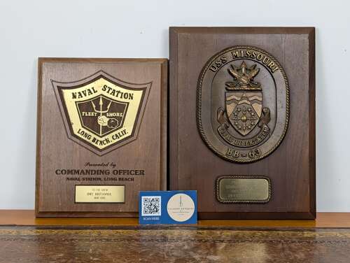 USS Missouri BB-63 and Naval Station Long Beach diplomatic plaques to HMY Britannia 1988