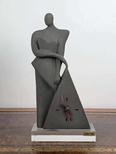 Cristina Puell modernist terracotta sculpture mantel clock, Spain, c.1980