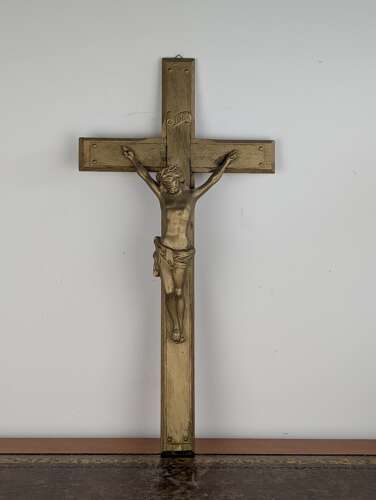 Large French giltwood crucifix with brass corpus, late 19th century