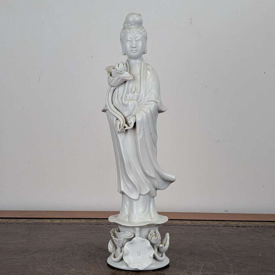 Chinese Blanc de Chine porcelain Guanyin figure with lotus base