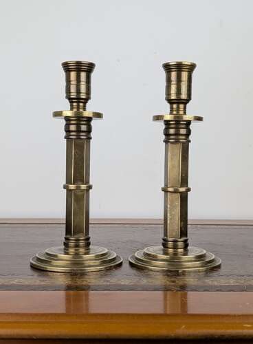 Pair of heavy brass Gothic Revival candlesticks with hexagonal stems, circa 1880