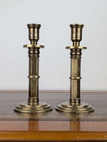 Pair of heavy brass Gothic Revival candlesticks with hexagonal stems, circa 1880