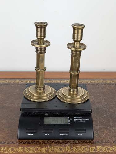 Pair of heavy brass Gothic Revival candlesticks with hexagonal stems, circa 1880
