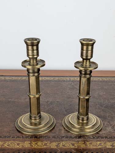 Pair of heavy brass Gothic Revival candlesticks with hexagonal stems, circa 1880