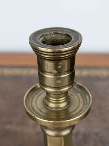 Pair of heavy brass Gothic Revival candlesticks with hexagonal stems, circa 1880