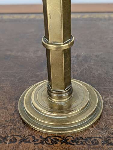 Pair of heavy brass Gothic Revival candlesticks with hexagonal stems, circa 1880