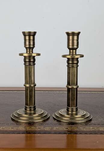 Pair of heavy brass Gothic Revival candlesticks with hexagonal stems, circa 1880