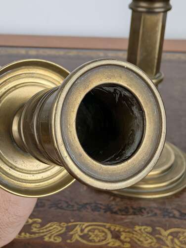 Pair of heavy brass Gothic Revival candlesticks with hexagonal stems, circa 1880