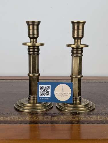 Pair of heavy brass Gothic Revival candlesticks with hexagonal stems, circa 1880
