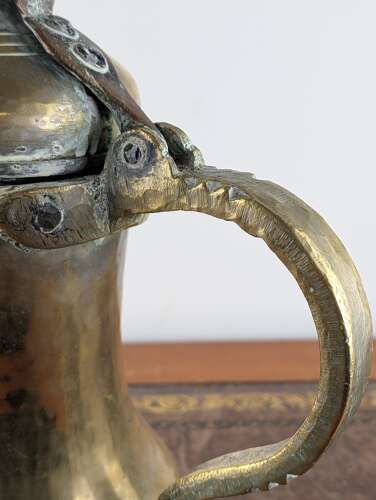 Huge Raslan type brass and copper dallah coffee pot, Levant, circa 1950, 15