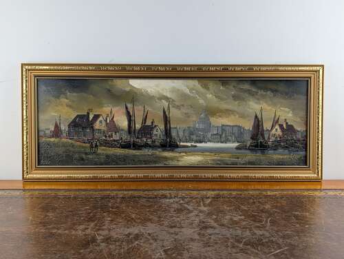 Edward Elliott oil painting of St Paul’s from the Thames, British 20th century