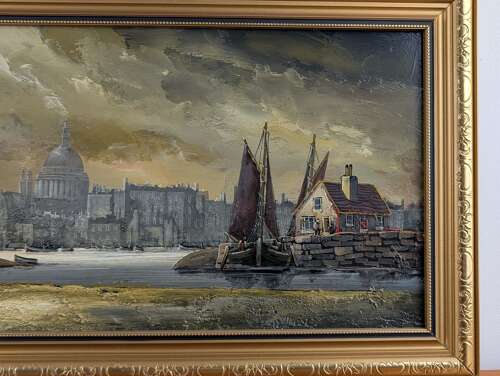 Edward Elliott oil painting of St Paul’s from the Thames, British 20th century