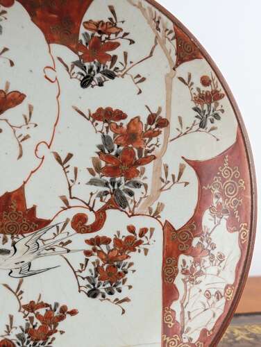 Japanese Kutani porcelain plate with aka-e bird and flowers, early Meiji