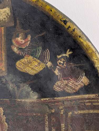 Burmese painted bronze temple gong with lacquered court figures, 19th century