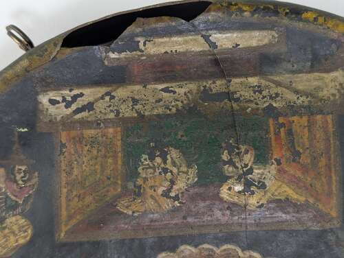 Burmese painted bronze temple gong with lacquered court figures, 19th century