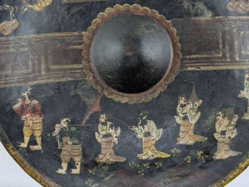 Burmese painted bronze temple gong with lacquered court figures, 19th century