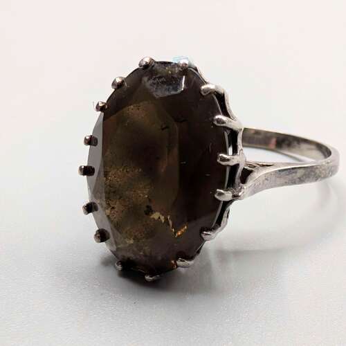 Vintage sterling silver smoky quartz cocktail ring, English hallmark, size I½
