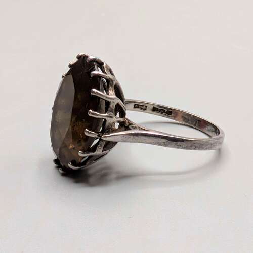 Vintage sterling silver smoky quartz cocktail ring, English hallmark, size I½