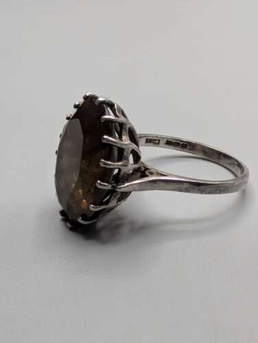 Vintage sterling silver smoky quartz cocktail ring, English hallmark, size I½