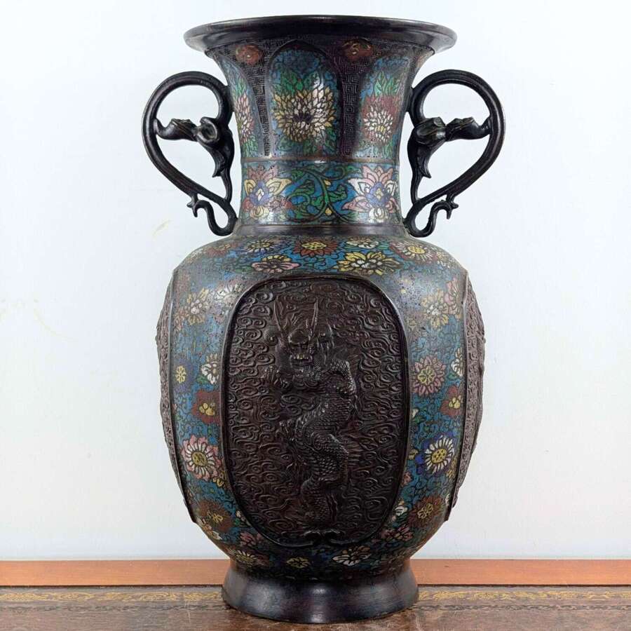 Monumental Japanese Meiji bronze dragon vase with champlev&eacute; enamel, circa 1890
