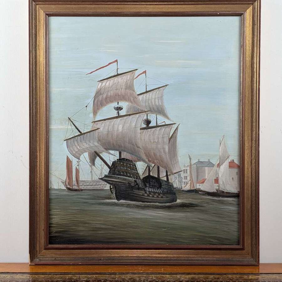 Marine oil painting by D Reynolds of a galleon in harbour, British School
