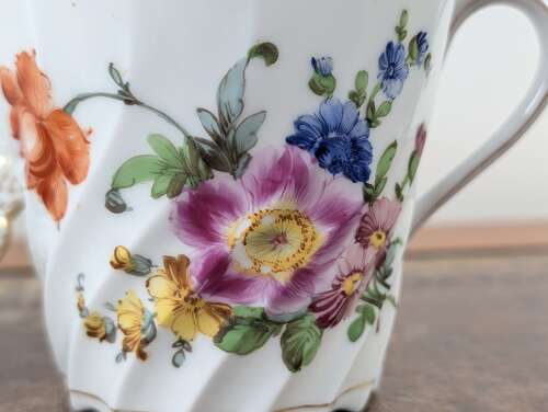 Antique Dresden porcelain hand-painted floral cup and saucer circa 1900