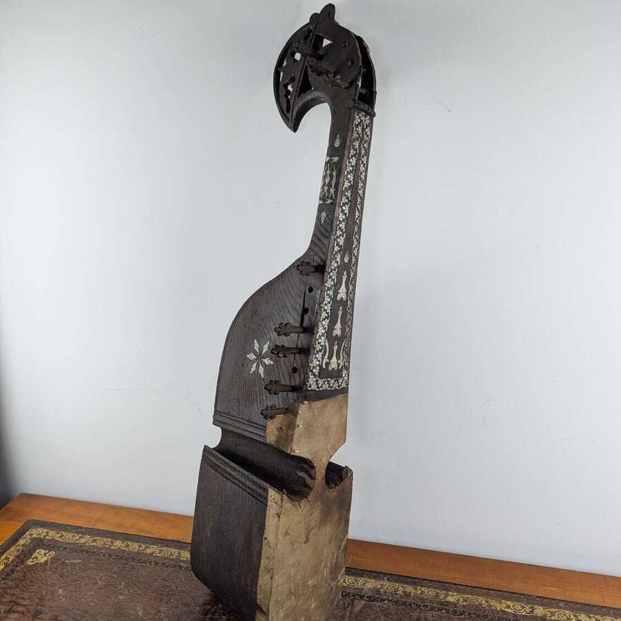 Antique Afghan rubab carved wood lute with bone and shell inlay c.1900