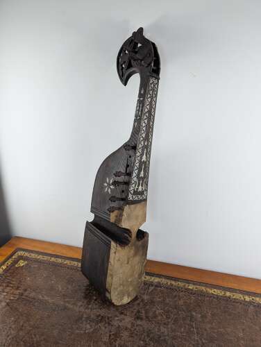 Antique Afghan rubab carved wood lute with bone and shell inlay c.1900