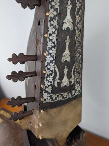 Antique Afghan rubab carved wood lute with bone and shell inlay c.1900