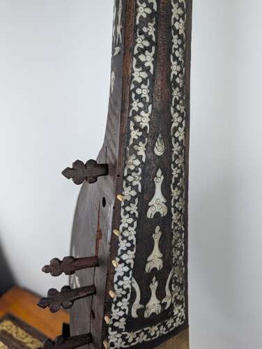Antique Afghan rubab carved wood lute with bone and shell inlay c.1900