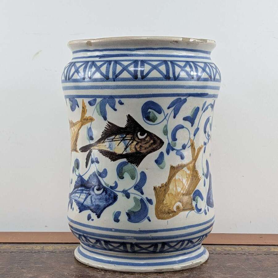 Sicilian Caltagirone  maiolica albarello with hand-painted fish, 18th century