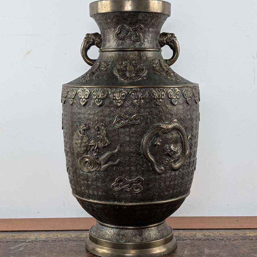 Japanese bronze vase with Four Divine Creatures, late Meiji period c.1890